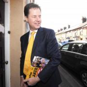 Deputy Prime Minister Nick Clegg delivered Lib Dem campaign leaflets in Portland Street, Taunton, ahead of the county council elections in May 2013.