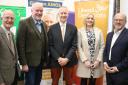 Gideon Amos (centre) thanked Melissa Whittaker (second from right) of Cash Access UK and the town council for getting the new Banking Hub open. They are pictured with, from left, Dr Harry Yoxall, David Northey and Cllr Keith Wheatley