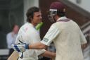 JAMES Hildreth is congratulated by Jos Buttler after reaching his century.