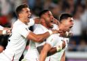 England's Ben Youngs (right) celebrates scoring a try with Henry Slade (left) and Manu Tuilagi but it is later ruled out following a TMO decision during the 2019 Rugby World Cup Semi Final match at International Stadium Yokohama. PA Photo. Picture da