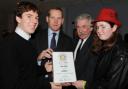 Pictured are, from left, Sam Pope, Taunton MP Jeremy Browne, with proud father Harry and sister Jenny Pope