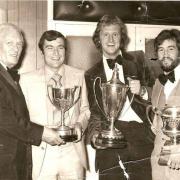 RECOGNITION: Southern League secretary Tony Dellow pictured at Minehead’s Annual Dinner with top goalscorers Derek Bryant, Andy Leitch and Jimmy Jenkins, who had scored 96 goals between them in 1976-77