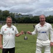 SILVERWARE: Steve Nelson, the chairman of Taunton Deane Cricket Club, left, and Kevin Parsons, chairman of Taunton St Andrews CC, with the Brice-Nelson Trophy