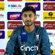Shoaib Bashir speaking to the press in India