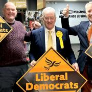 Rob Isaacs (centre) with Paul Adams (left), Taunton Lib Dem campaign organiser, and Gideon Amos (right)