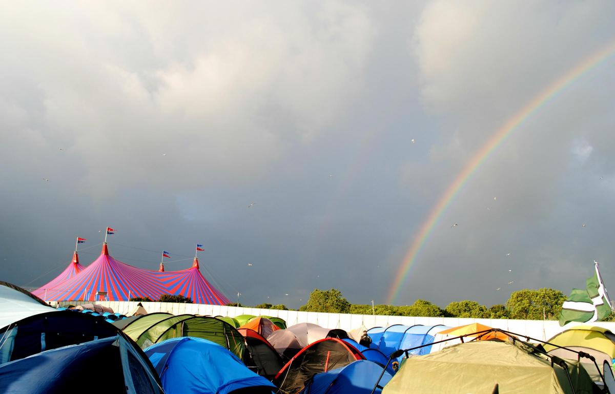 Pictures from the Glastonbury Festival 2016 at Worthy Farm, Pilton, Somerset. A rainbow shines on the John Peel Stage.