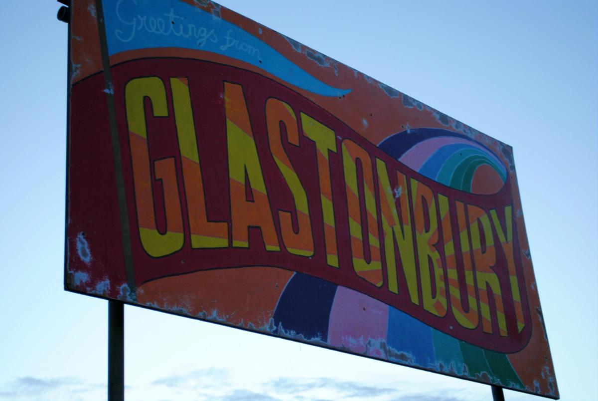 Pictures from the Glastonbury Festival 2016 at Worthy Farm, Pilton, Somerset. A Glastonbury sign.