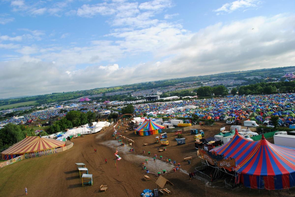 Pictures from the Glastonbury Festival 2016 at Worthy Farm, Pilton, Somerset. View of the festival site from the Park ribbon tower.