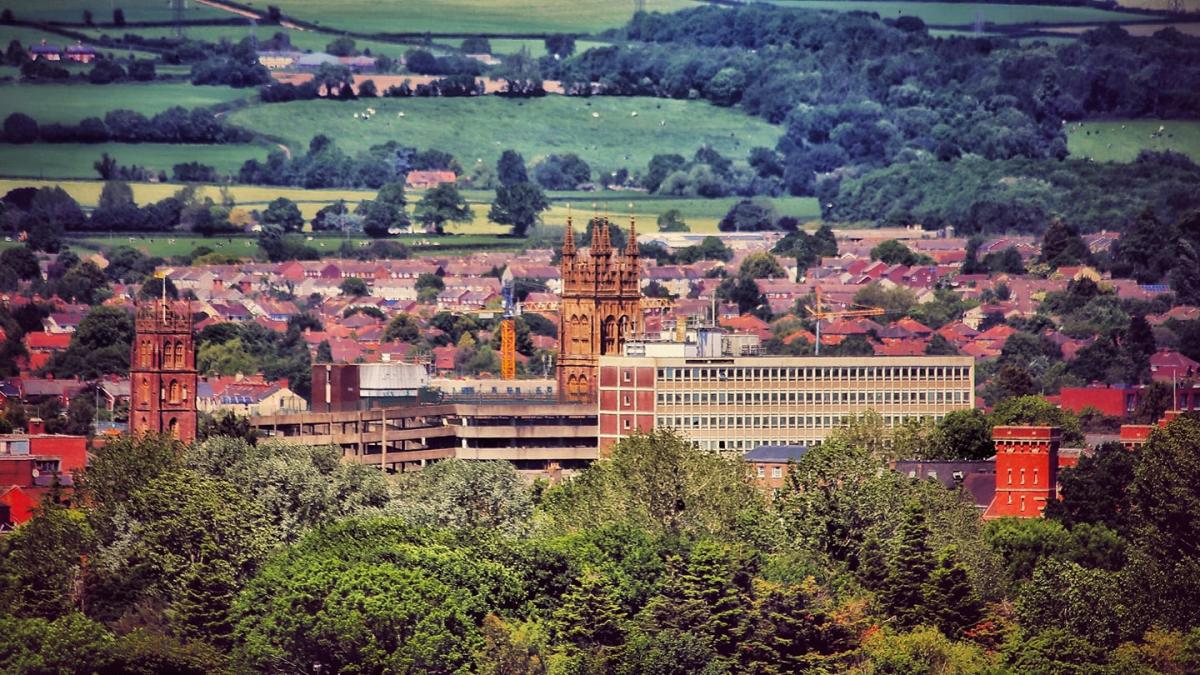 THE TWO TOWERS: An aerial view of Taunton. PICTURE: Daniel Tazewell. PUBLISHED: June 8, 2017
