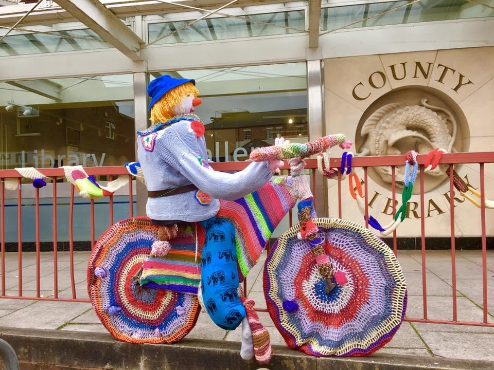 CYCLIST: Yarn bombing at Taunton Library. PICTURE: Liz Elmont. PUBLISHED: August 3, 2017.