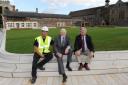 Site foreman Rob Dunn, Cllr John Williams, and Ian Franklin beside the refurbished Castle Green lawn.