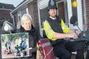 Annette Shippam with PC Gary Pethick and, inset, riding the scooters home after the incident. Main picture: County Gazette