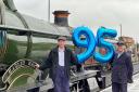 Driver Adrian Hassall (left) and fireman Mark Writtle (right) celebrating the milestone of the No 4930 'Hagley Hall'