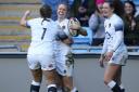 DELIGHT: Danielle Waterman (centre) celebrates her try against Ireland. Pic: Nigel French/PA Wire