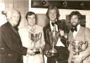 RECOGNITION: Southern League secretary Tony Dellow pictured at Minehead’s Annual Dinner with top goalscorers Derek Bryant, Andy Leitch and Jimmy Jenkins, who had scored 96 goals between them in 1976-77