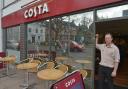 SIMON Ford, manager of Costa, next to the windows which were attacked with a hammer. PHOTO: Somerset Photo News.