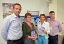 MP Rebecca Pow supporting consultants Tom Edwards and Paul Mackey and Colorectal Nurse Specialist Nicola Forsyth