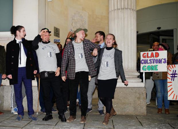 Somerset County Gazette: (left to right) Sage Willoughby, Jake Skuse, Milo Ponsford and Rhian Graham outside Bristol Crown Court. They have been cleared of criminal damage for pulling down a statue of slave trader Edward Colston during a Black Lives Matter protest in June 2020.