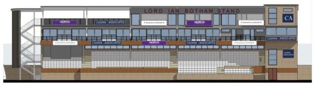 Somerset County Gazette: Proposed Elevation Of The New Lord Ian Botham Stand At Somerset County Cricket Club In Taunton. CREDIT: LED Architects. Free to use for all BBC wire partners.