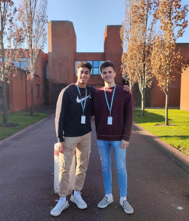 Somerset County Gazette: OXFORD OFFERS: Todd and Bradley have been congratulated by BTC's principal and A level course leader (Image: BTC)
