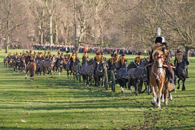 Somerset County Gazette: Members of the King's Troop, Royal Horse Artillery leave Green Park in central London, following the gun a salute. Picture: PA