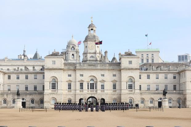 Somerset County Gazette: An armed forces band plays in Horse Guards Parade in central London, to mark the official start of the Platinum Jubilee. Picture: PA