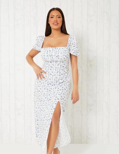 Somerset County Gazette: Blue Floral Print Square Neck Short Puff Sleeve Midi Dress. Credit: I Saw It First