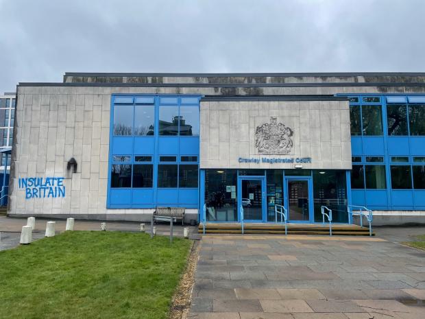 Somerset County Gazette: The words 'Insulate Britain' were spray-painted onto Crawley Magistrates' Court at the start of April. Picture: Luke O'Reilly, PA Wire