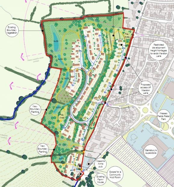 Somerset County Gazette: Masterplan Of Proposed Development Of 150 Homes On Marston Lane In Frome. CREDIT: Origin3. Free to use for all BBC wire partners.