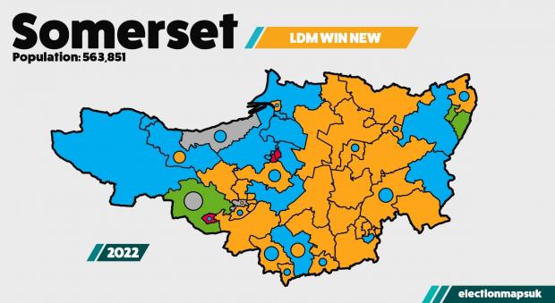 Somerset County Gazette: Map Of The 2022 Local Election Results In Somerset. CREDIT: Election Maps. Free to use for all BBC wire partners.