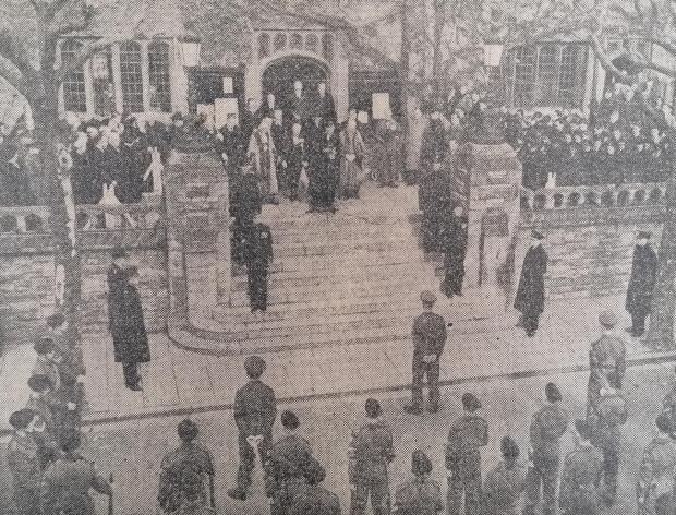 Somerset County Gazette: A general scene of the proclamation ceremony on the terraces of the Municipal Buildings in Taunton on February 8, 1952.