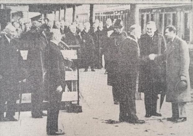 Somerset County Gazette: King George VI is welcomed at Taunton station by the mayor of Taunton on December 2, 1937.