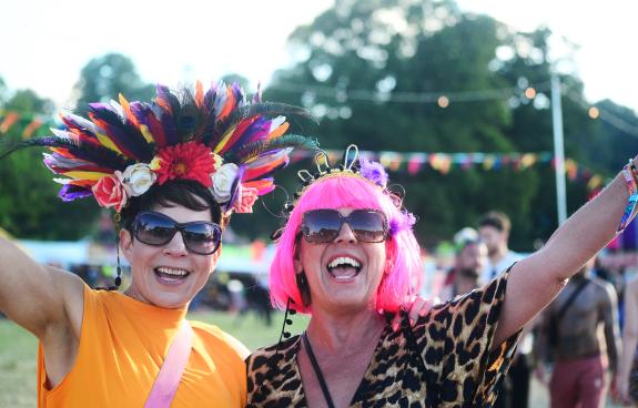 Somerset County Gazette: Lucy Ferris and Georgie Flawn in their Mardi Gras gear at Shindig Festival. Pictures: Steve Richardson Somerset County Gazette: Lucy Ferris and Georgie Flawn in their Mardi Gras gear at Shindig Festival. Pictures: Steve Richardson