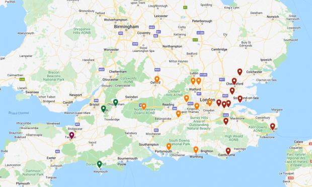 Somerset County Gazette: The full map of all the destinations Taunton will have to travel to (Green marked as closest, red being furthest). Picture: Google Maps