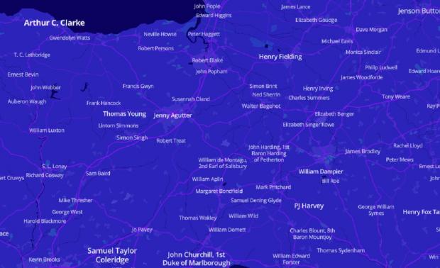 Somerset County Gazette: The interactive map replaces place names with the names of the most notable people. Picture: Mapbox/Topi Tjukanov