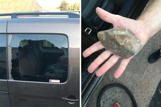 The damaged taxi window (left) and the rock found in the back seat. Pictures: Cllr Marcus Barr