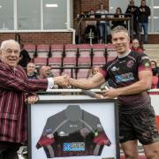 LANDMARK: Gary Kingdom (right) celebrated reaching 250 games for Taunton Titans last weekend, and is pictured with Taunton RFC president Dick Macey. Pic: Clayton Jane Photography