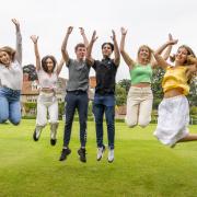 CELEBRATE: Millfield GCSE students Jasmine Caley, Daisy Taylor, Storm Munday, Jay Jasani, Charlotte
Barr and Hatty Kingsford were jumping for joy after receiving their GCSE results
