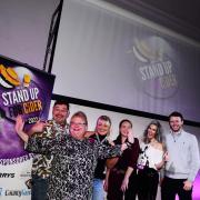 Stand Up For Cider at the CIC ; David Arnold [Resident MC], Trish Caller [event organiser], Helen Lacey [supporter], Megan Llewellyn [Sheppy's Cider], Sally Maidment [Design Beacon] and Scott Berry [Berry's Coaches]