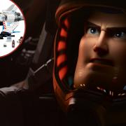 (Background) Buzz Lightyear. Credit: Disney. (Circle) LEGO Lightyear XL-15 Spaceship Set Credit: Zavvi/Canva.