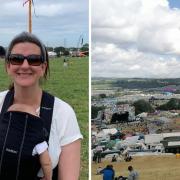 Jenny and Wilfie in front of the Pyramid Stage (left), a view of Worthy Farm from The Park.