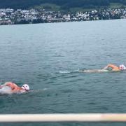 Emma and Hamish during the Zurich lake swim. Picture: Hamish McCarthy