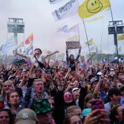 Crowds watch Sam Fender perform on the Pyramid Stage at Glastonbury Festival 2022.