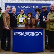 Bryony Frost (jockey), The Honourable Mrs Rosemary Pease (sixth from left, next to her is trainer Paul Nicholls, and the inning connections after the 2022 Portman Cup. Picture: PPAUK