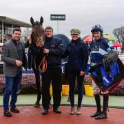 Doctor Ken winner of the Anthony Trollope- Bellew Chase pictured with left  trainer Olly Murphy, jockey Aidan Coleman (right) and winning connections.