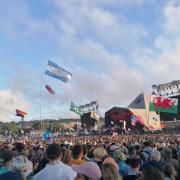 The Pyramid Stage before Sam Fender's performance at Glastonbury Festival 2022.