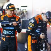 Lando Norris (left) celebrates with teammate Oscar Piastri on the Japanese Grand Prix podium.