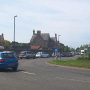 Traffic build up on the Strawberry Way roundabout due to the existing roadworks.