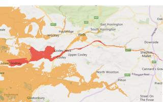 The area in red along the River Sheppey spanning from Lower Godney to Shepton Mallet where flooding is expected.