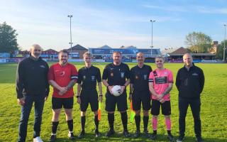 Team captains along with Sheppy's Cider representatives Matt and Alex (far left and right) and match officials Peter Horton, Nick Lapthorn, and James Lapthorn